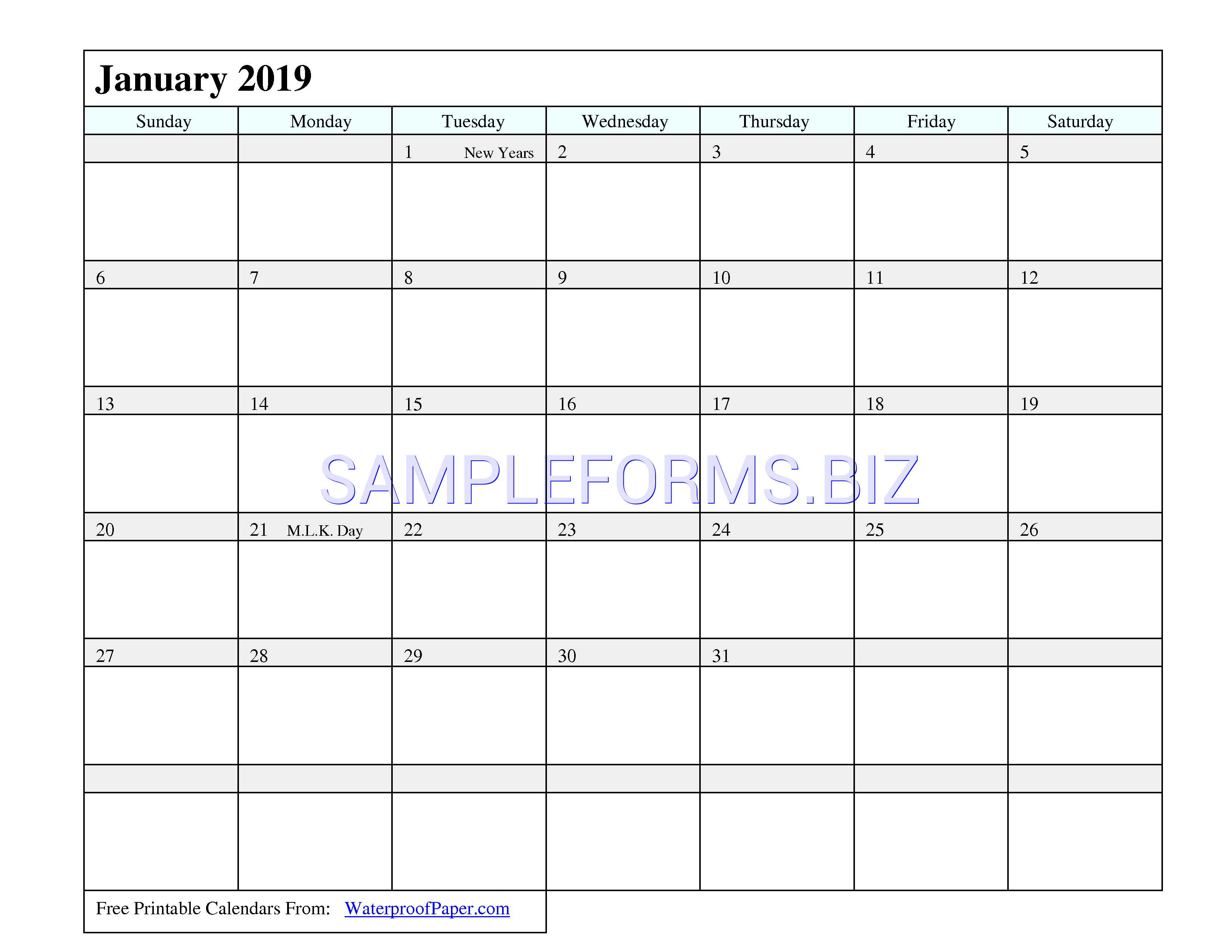 Preview free downloadable 2019 Monthly Calendar 1 in PDF (page 1)